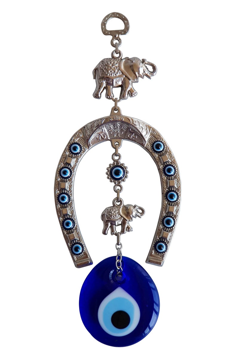 Erbulus Turkish Silver Horse Shoe Blue Evil Eye Wall Hanging Ornament with Elephant - Turkish Nazar Bead Amulet - Home Protection and Good Luck Charm Gift in a Box - Image 1